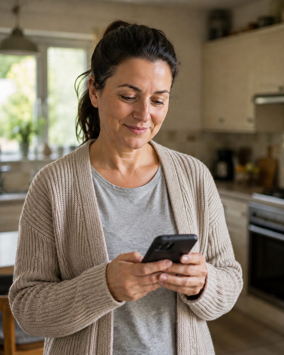 A carer smiling while using The Caring App on her phone