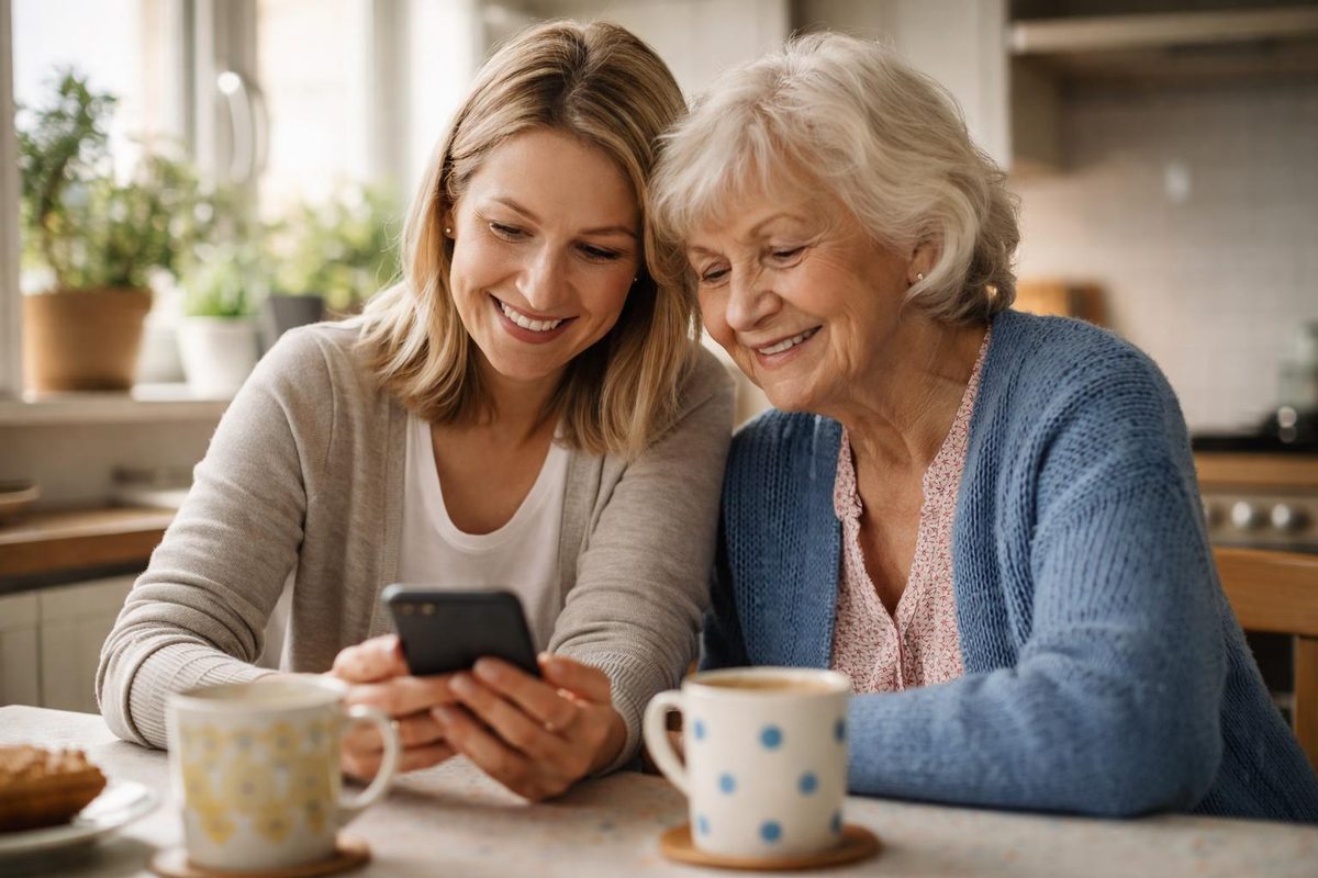 An adult daughter and her elderly mother smiling at a phone together at a kitchen table